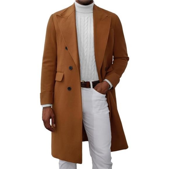 Men's Double Breasted Peacoat Wool Blend Coat Camel - Picture 1 of 6